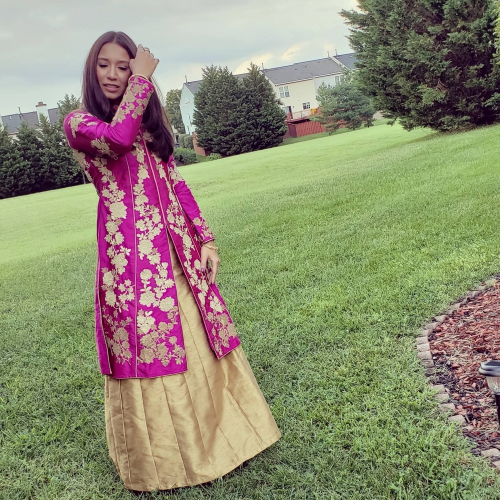 Pink Mauve And Gold Silk Floral Embroidered Lehenga XS